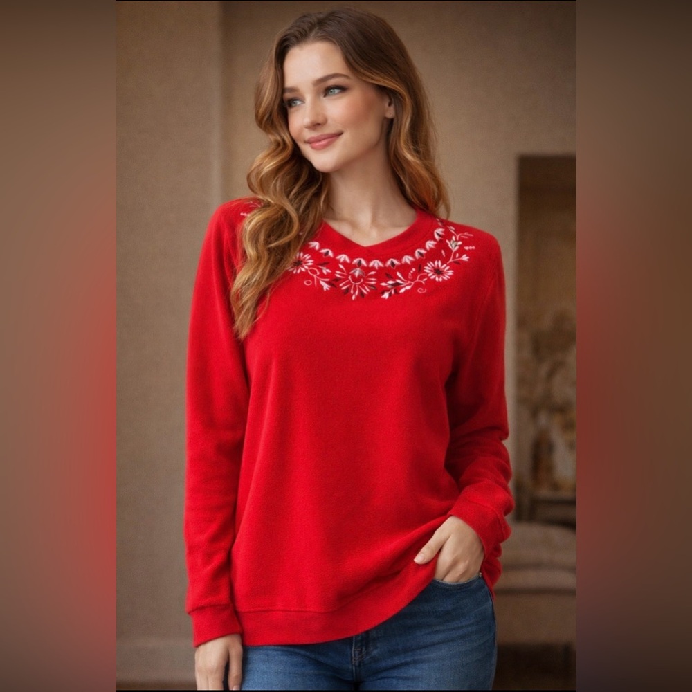 Alia Red Embroidered Sweater Women’s Size M – Floral Knit Pullover